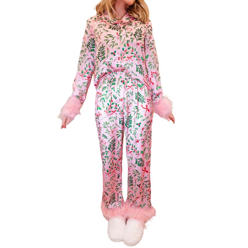 Mommy and Me Matching Pajamas Christmas Feather Trim Pajama Set 2 Piece Shirt Pants Sleep Sets for Mother Daughter